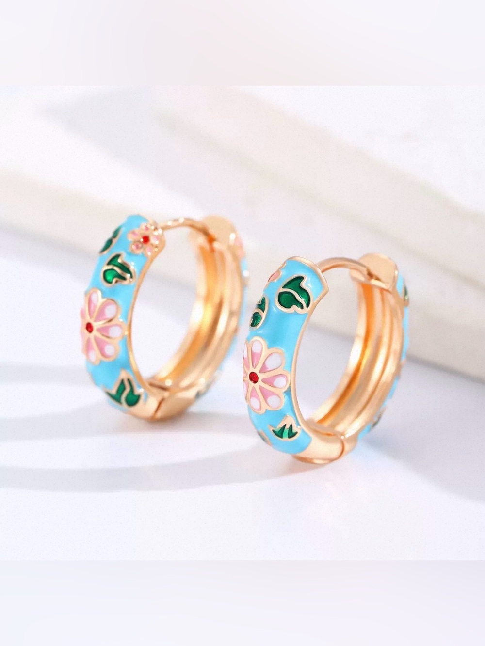 Gold Pastel Blue Floral Enamel Huggie Hoop Earrings